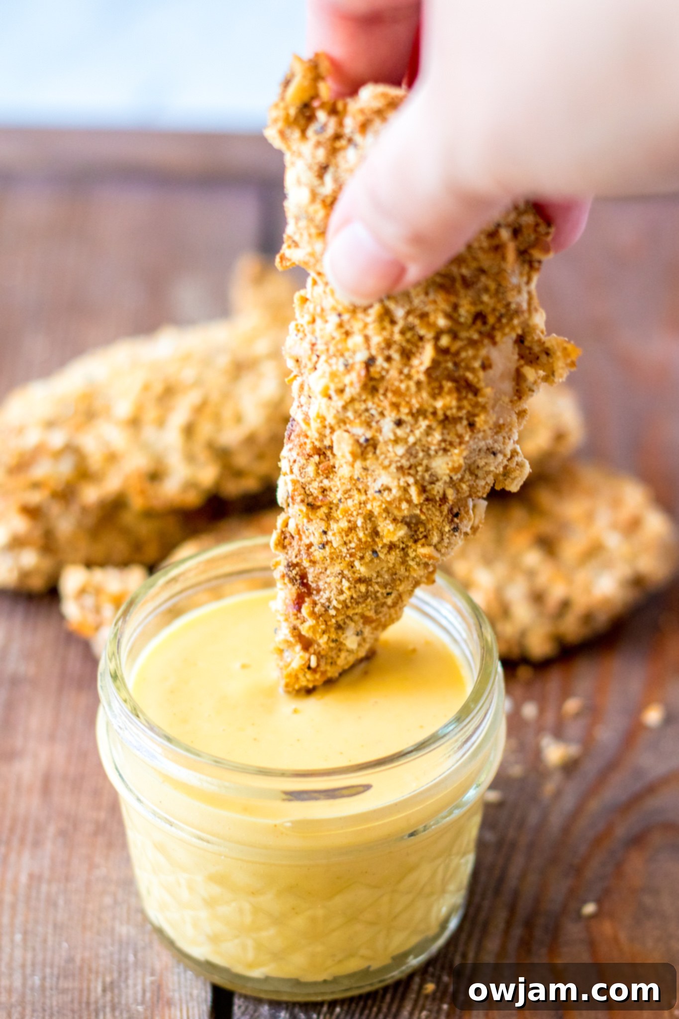 Crunchy Pretzel Chicken 4 Pretzel Crusted Chicken Tenders with honey mustard dipping sauce in a small bowl, ready to serve.