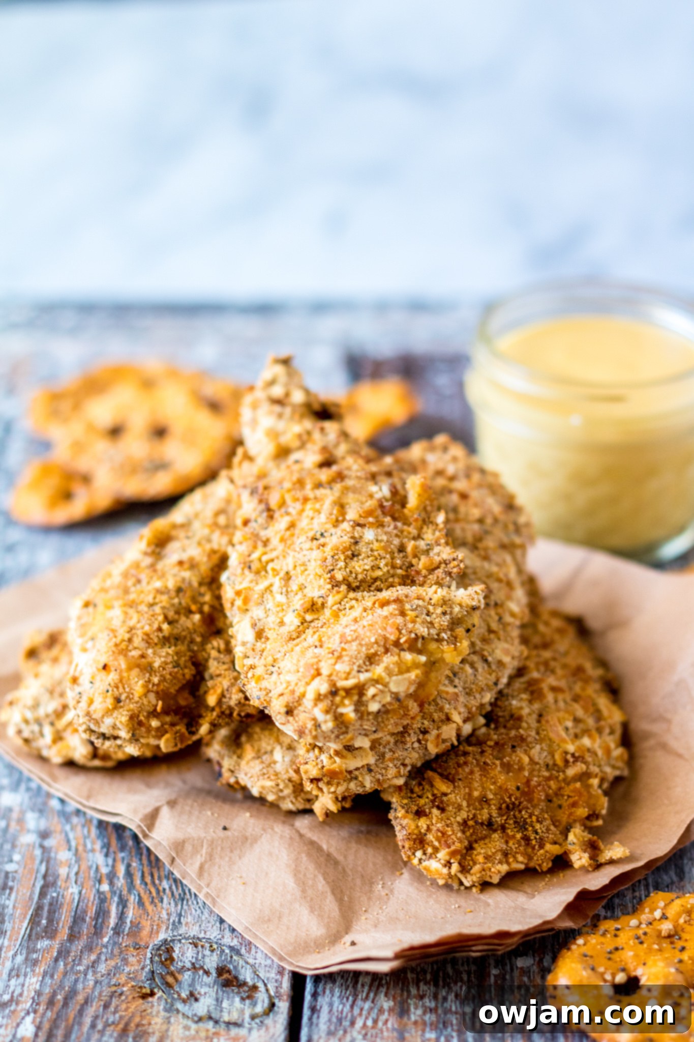 Crunchy Pretzel Chicken 5 A neatly written Pretzel Crusted Chicken Recipe on a piece of paper, surrounded by ingredients.