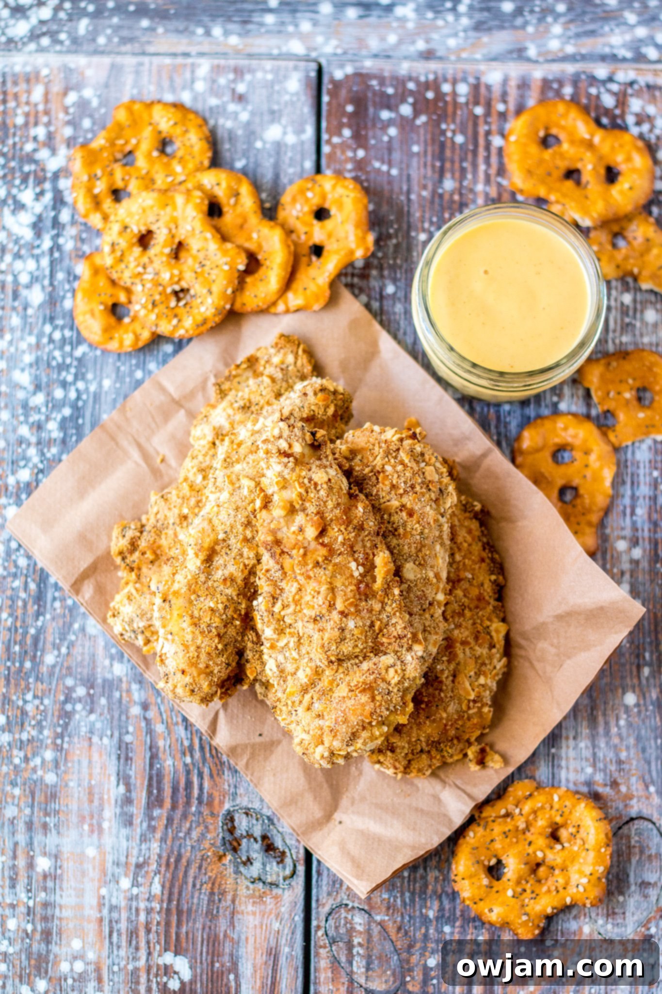 Crunchy Pretzel Chicken 9 Pretzel Crusted Chicken Tenders served with a bowl of honey mustard dipping sauce on a rustic wooden board.