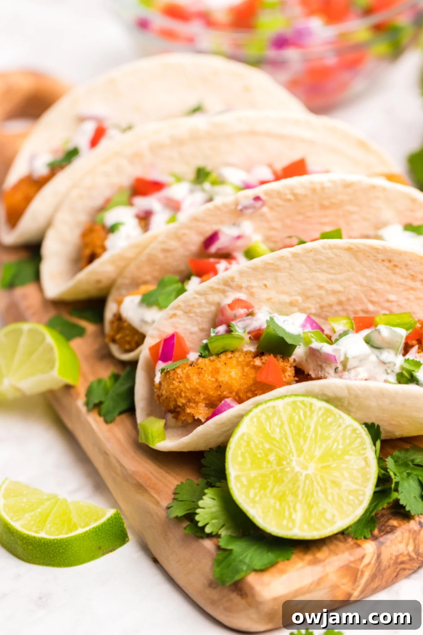 Air Fryer Tilapia tacos with salsa.