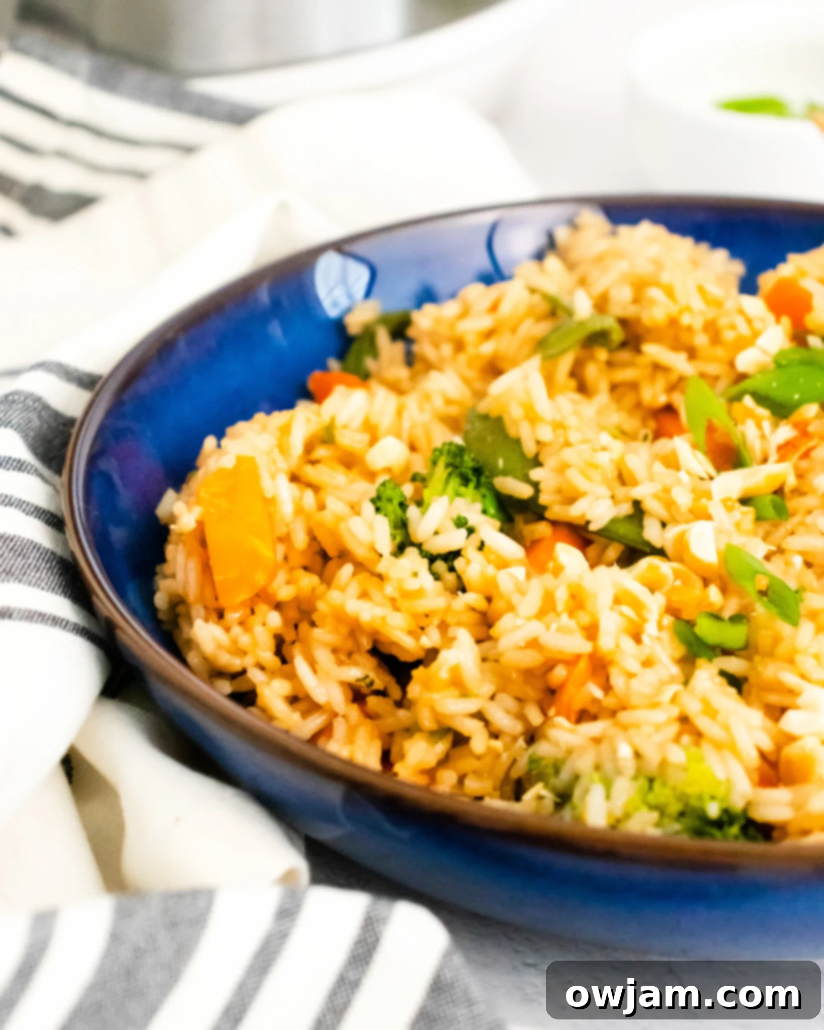 Effortless Instant Pot Fried Rice 4 Instant Pot Fried Rice served in a vibrant blue bowl.