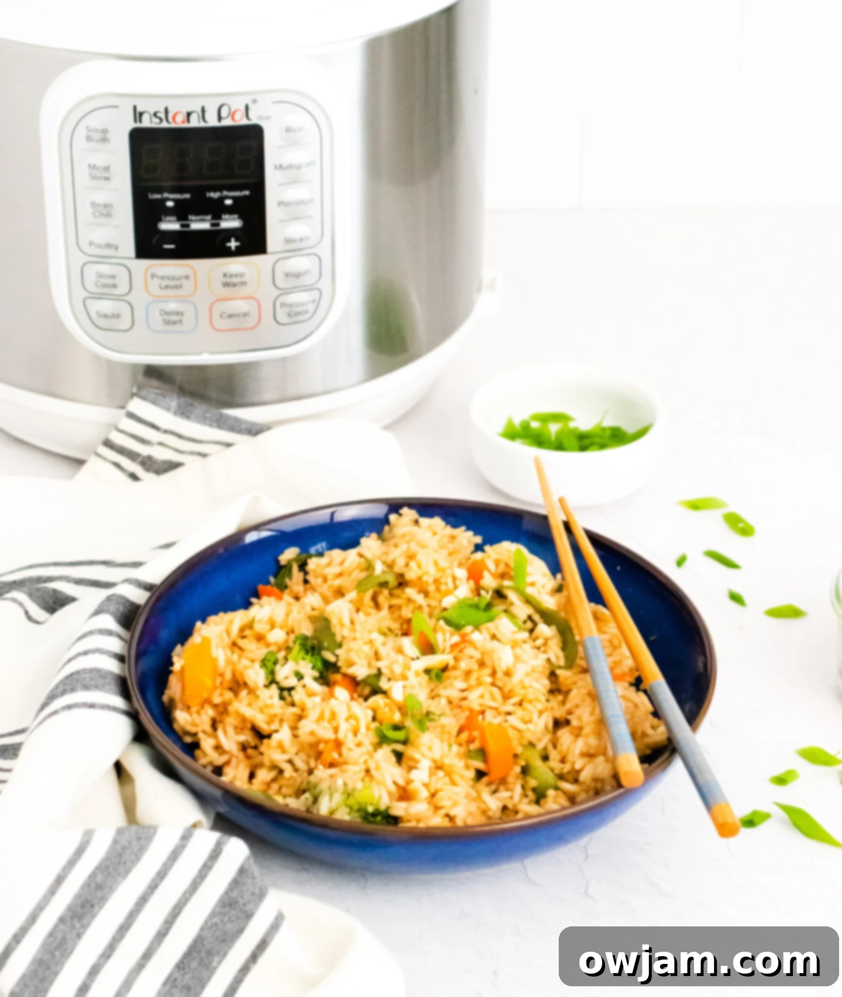 Instant Pot Fried Rice served in a blue bowl with chopsticks, with an Instant Pot in the blurred background.