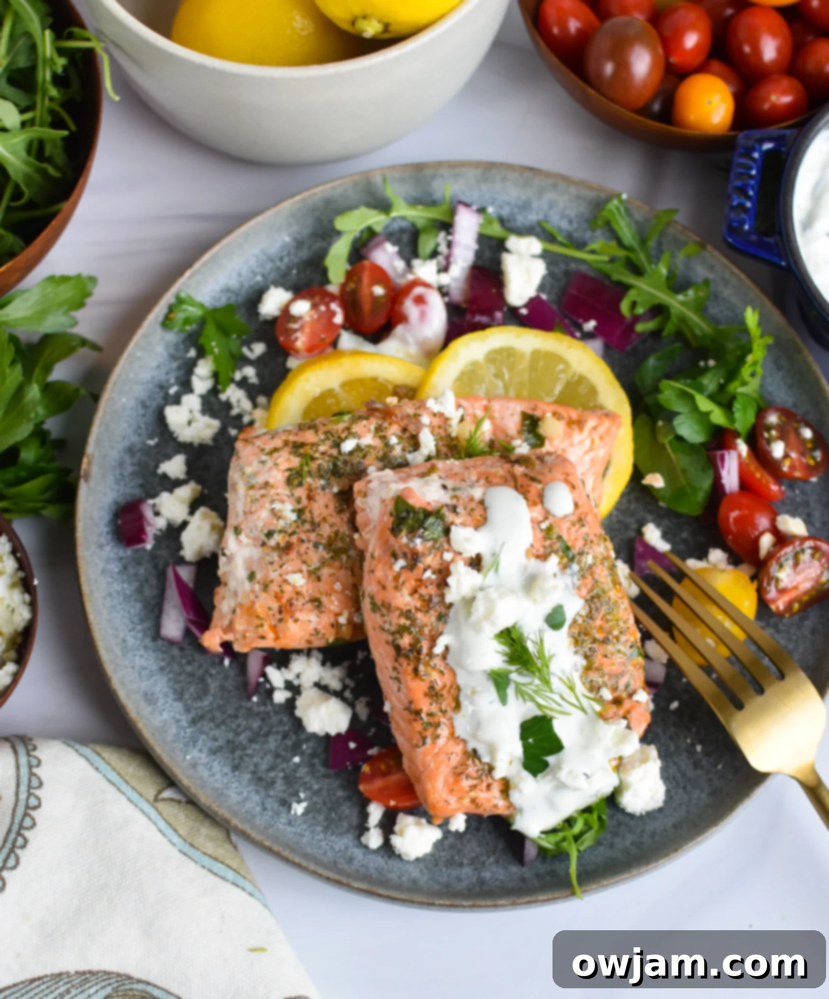 Zesty Greek Salmon Skillet 2 Pan Seared Greek Salmon on a blue plate.