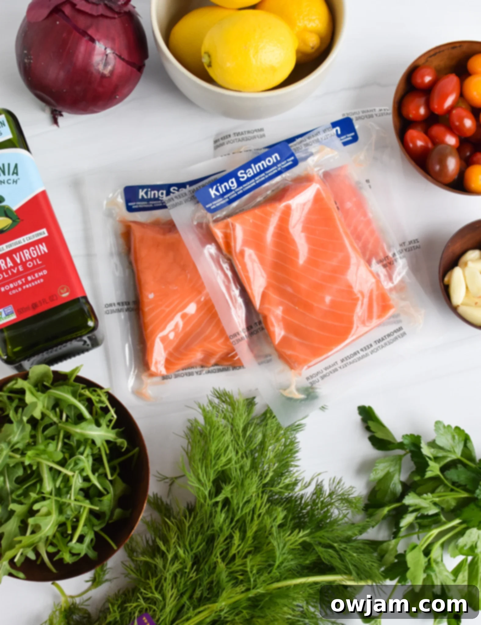 Zesty Greek Salmon Skillet 3 Pan Seared Greek Salmon ingredients.