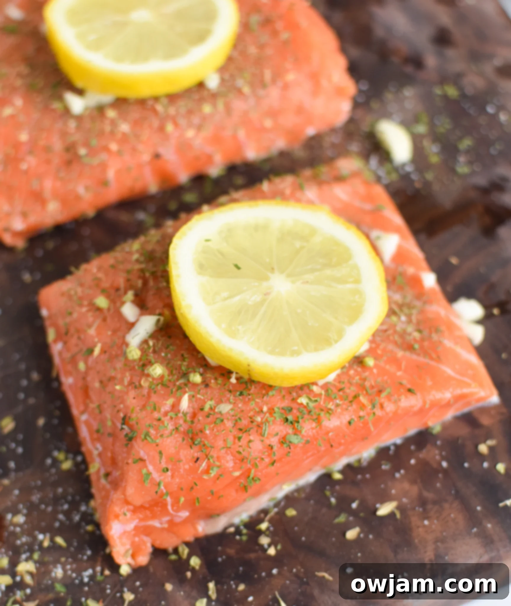 Zesty Greek Salmon Skillet 4 Pan Seared Greek Salmon with lemon slices.