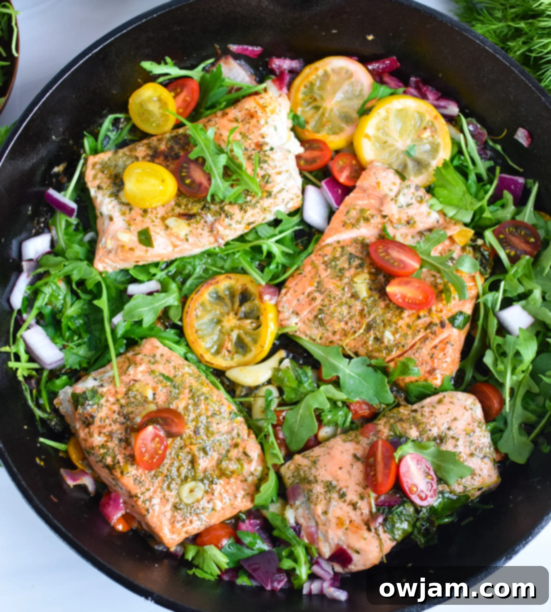 Zesty Greek Salmon Skillet 6 Pan Seared Greek Salmon in cast iron skillet.