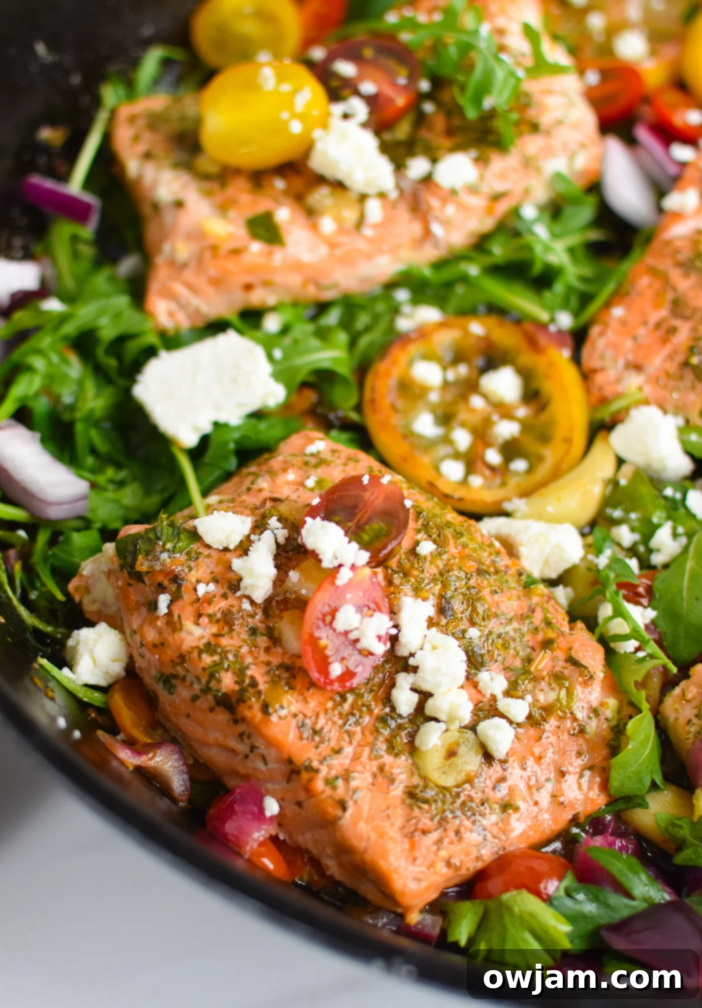 Zesty Greek Salmon Skillet 7 Pan Seared Greek Salmon with tomatoes.