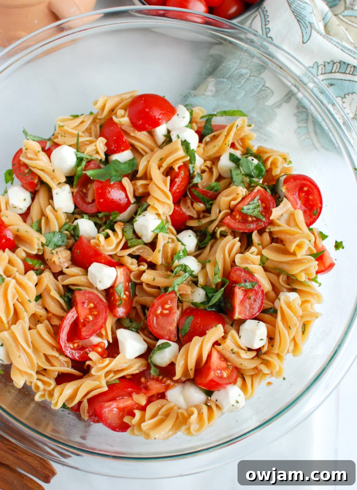Caprese Pasta in glass bowl