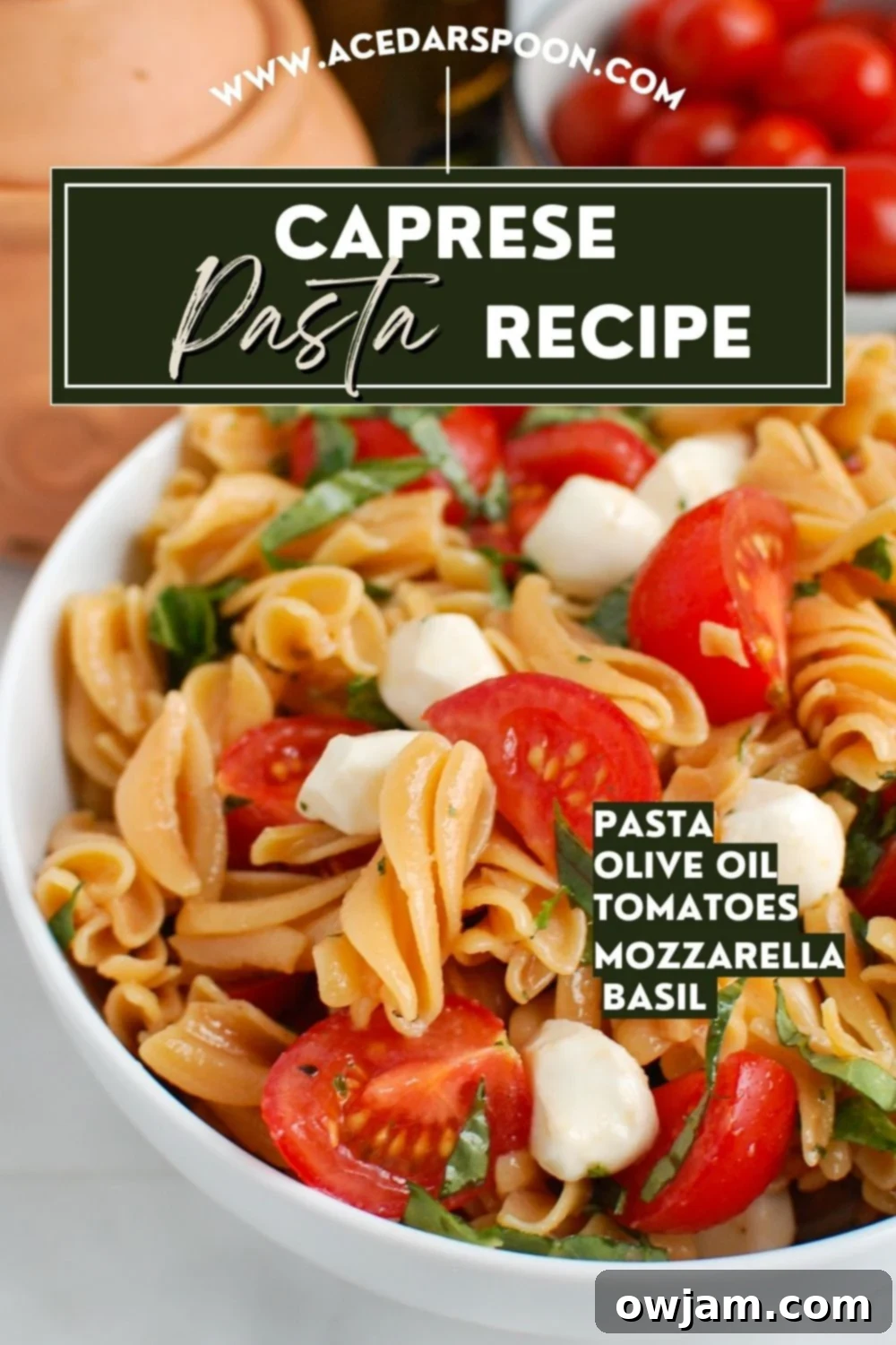 Caprese Pasta with logo.