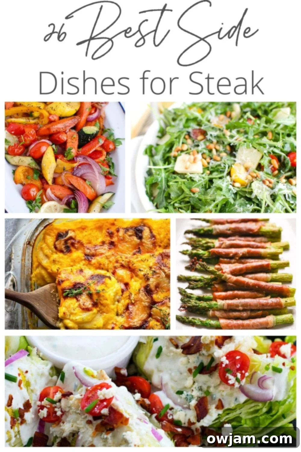 A diverse spread of 26 best side dishes for steak including salads, vegetables, and potatoes, perfect for a complete meal.