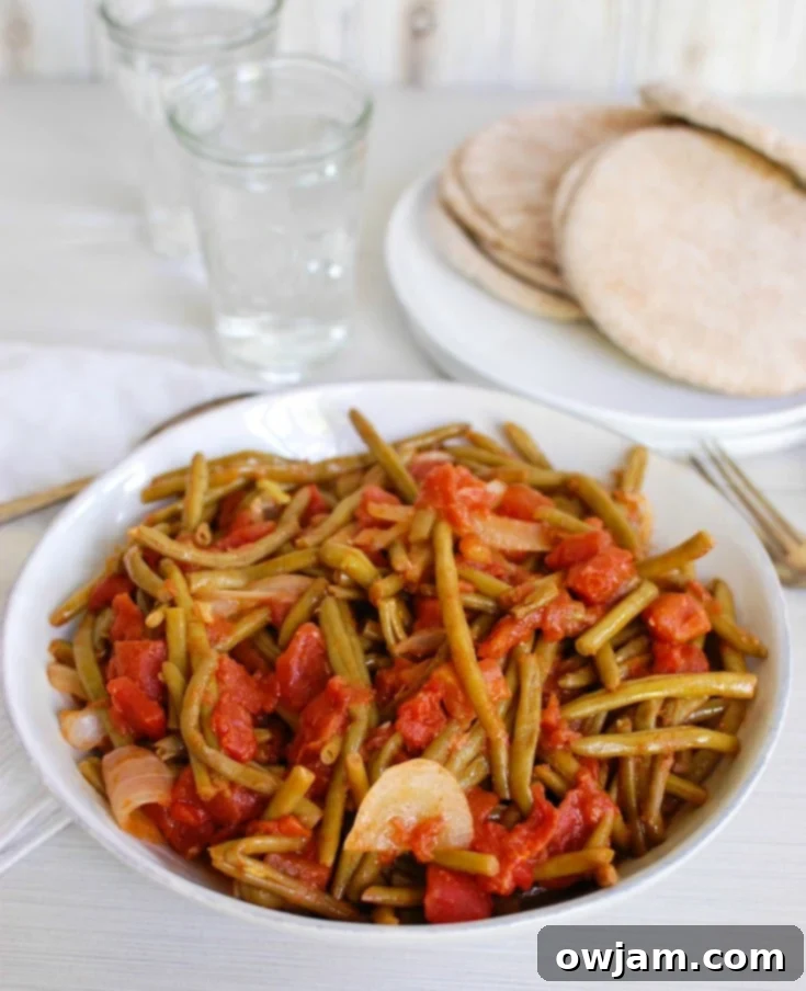 Warm and spiced Lebanese Green Beans (Lubee) with tomatoes, cinnamon, and cumin.