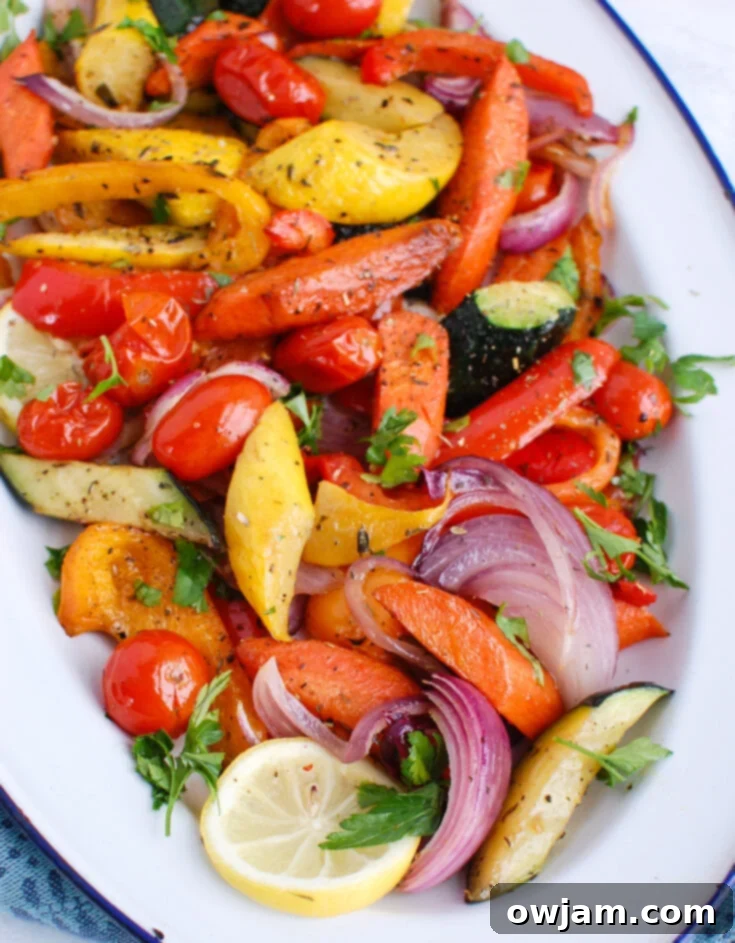 Vibrant Mediterranean Roasted Vegetables seasoned with oregano, thyme, and lemon.