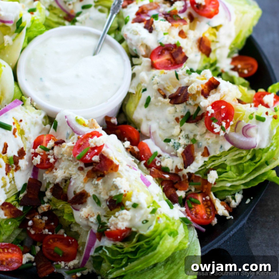 Classic Wedge Salad with blue cheese dressing and crisp bacon, a steakhouse favorite.