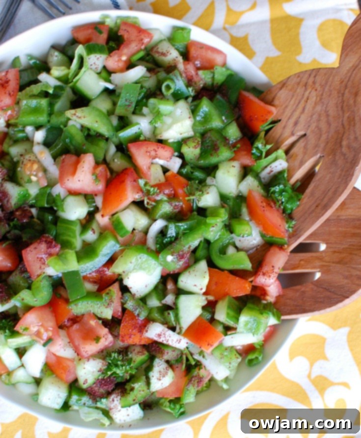 Fresh and healthy Easy Lebanese Salad with chopped vegetables and a lemony-mint dressing.