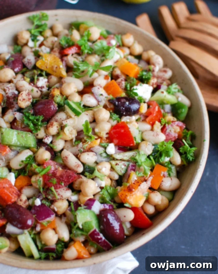 Wholesome Mediterranean Bean Salad with chickpeas, white beans, and lemony dressing.