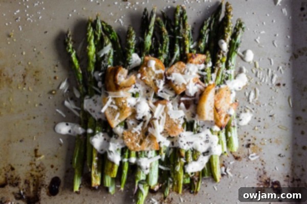 Flavorful Roasted Asparagus Caesar Salad with homemade Greek yogurt dressing.