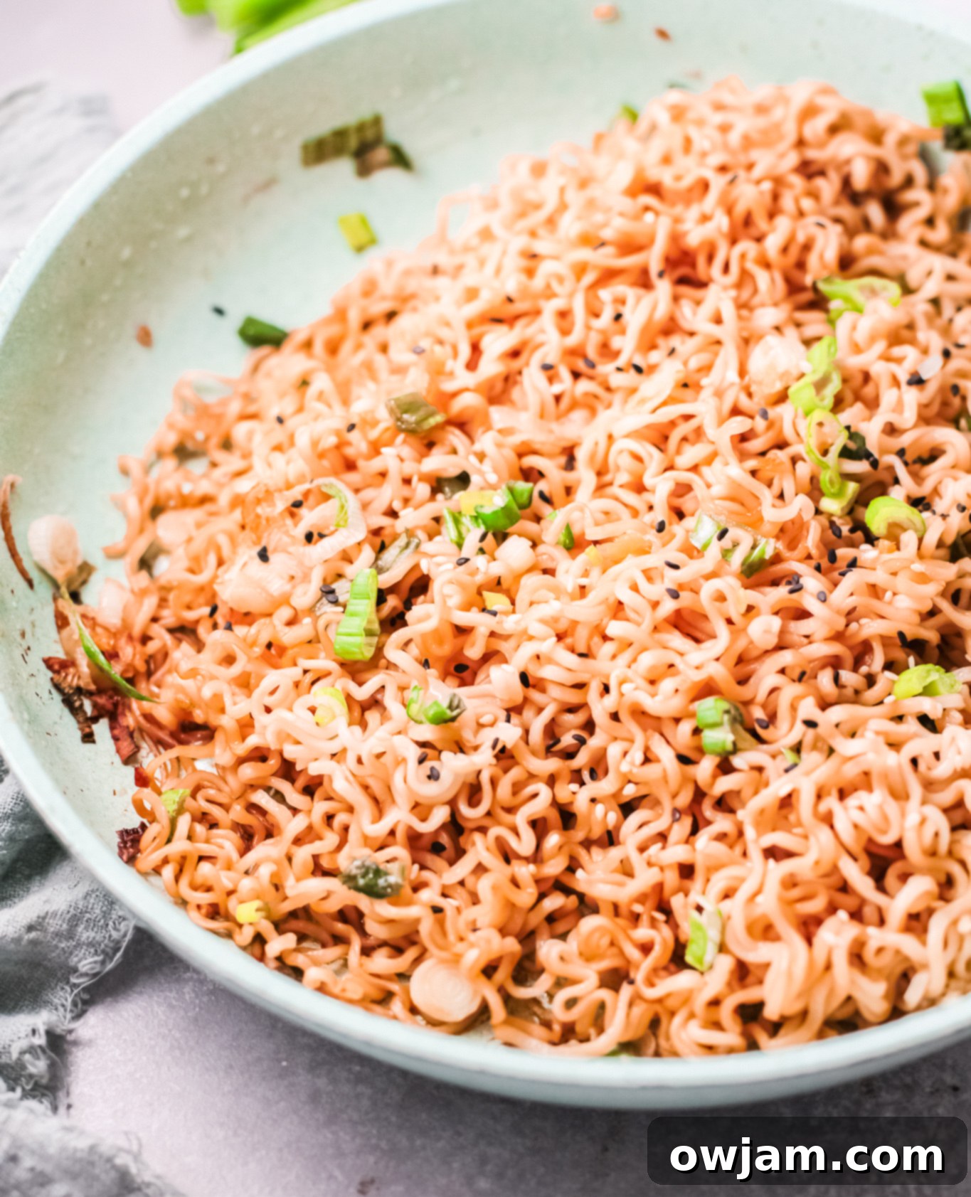 Spicy Ramen Noodle Recipe in a skillet