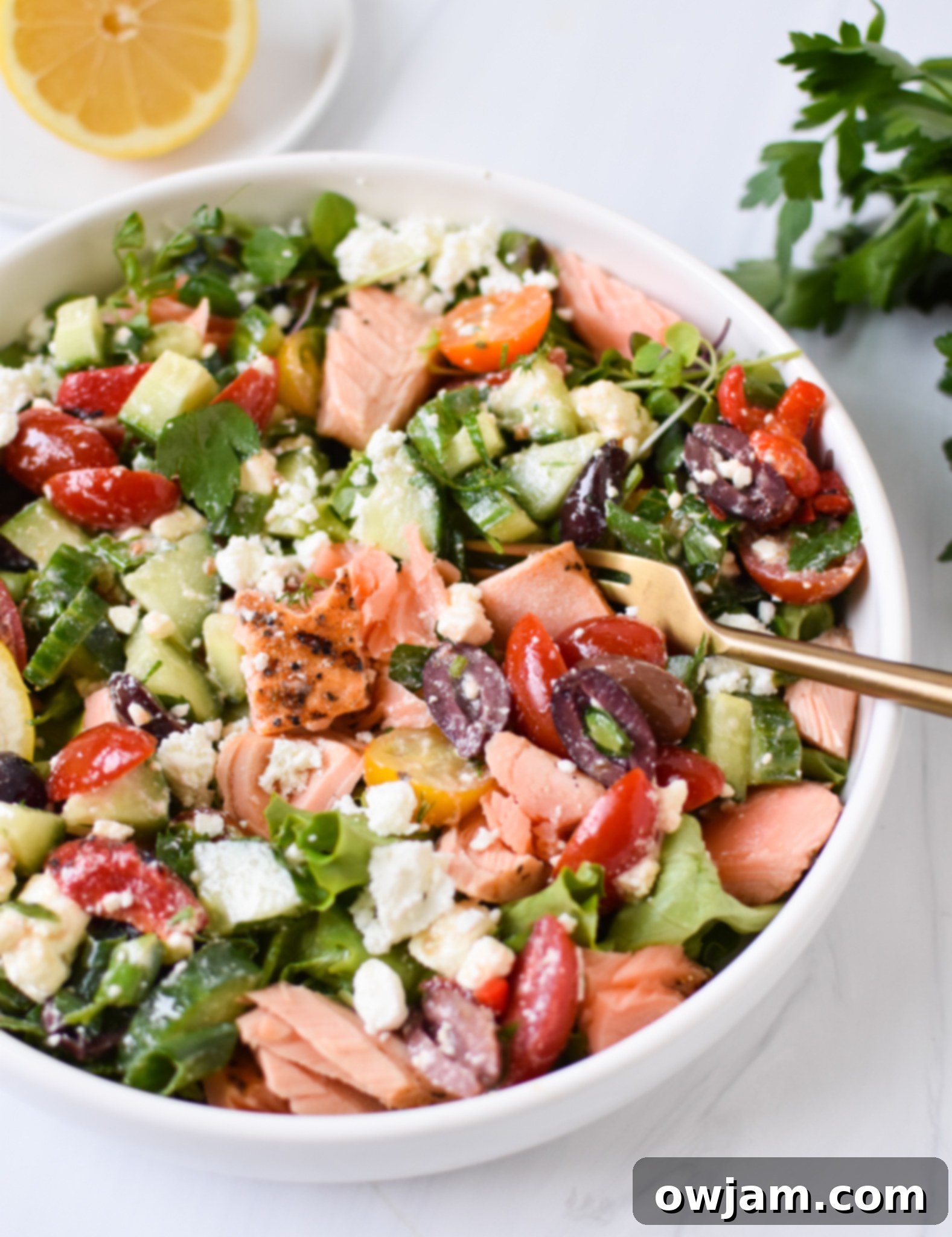 Mediterranean Salmon Delight 2 Mediterranean Salmon Bowl in white bowl.