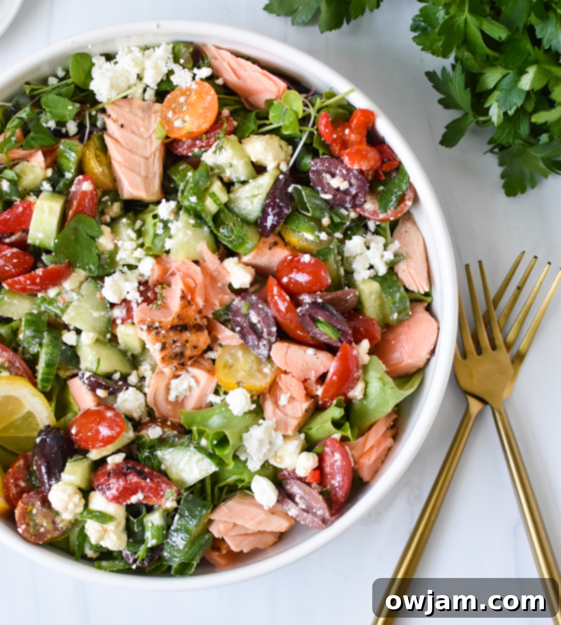 Mediterranean Salmon Bowl with forks.