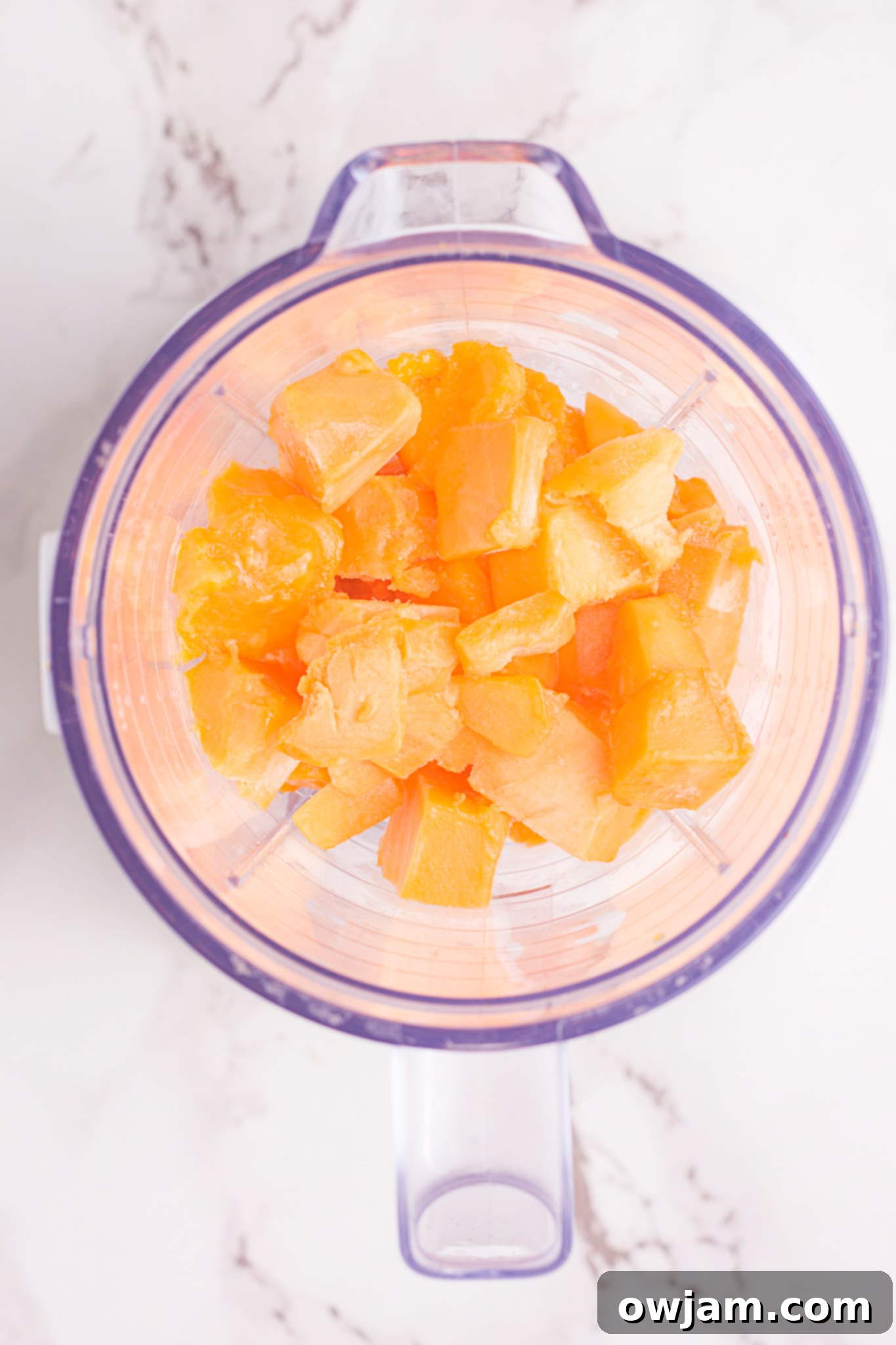All ingredients for Mango Lassi (mango, yogurt, milk, honey, cardamom) added to a blender.