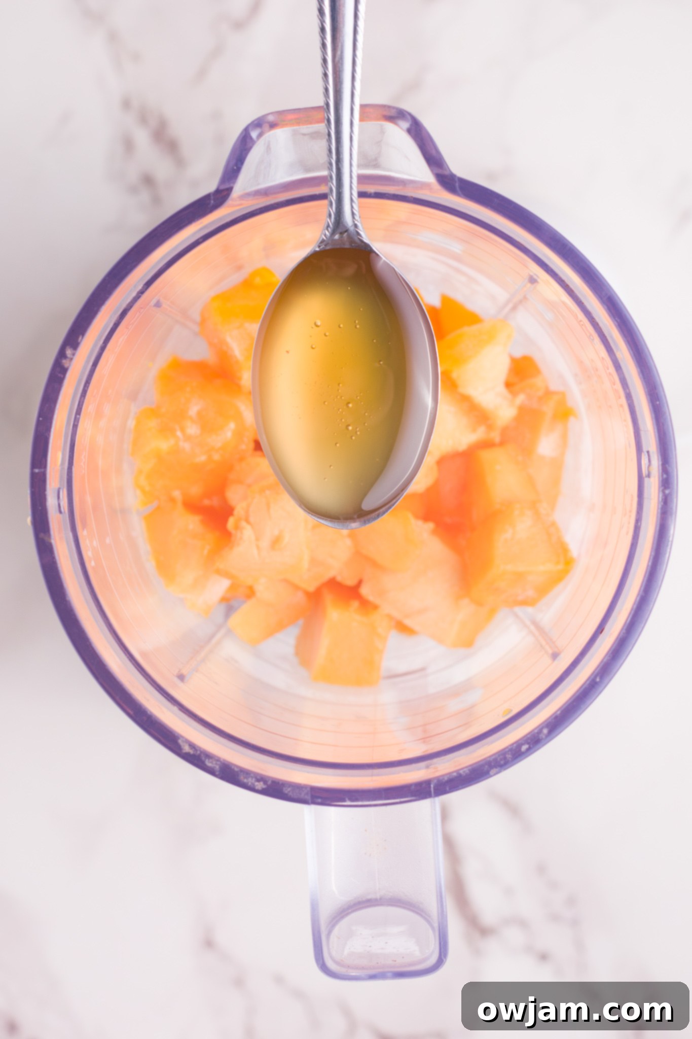 Blender filled with Mango Lassi ingredients, ready to blend.