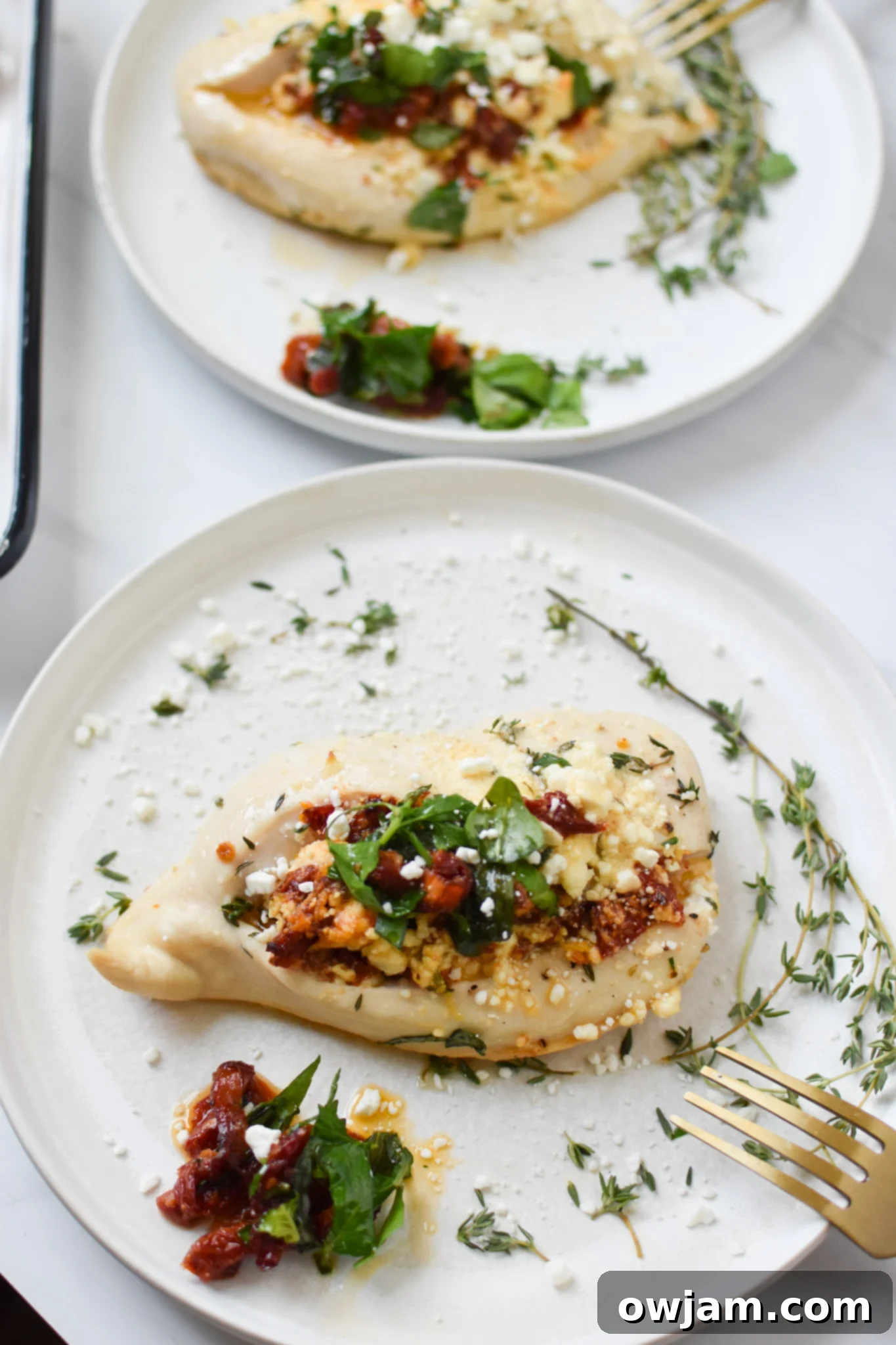 Tangy Sun-dried Tomato and Goat Cheese Stuffed Chicken 4 Baked Sun-dried Tomato Goat Cheese Stuffed Chicken Breasts on a white plate, garnished with fresh herbs.