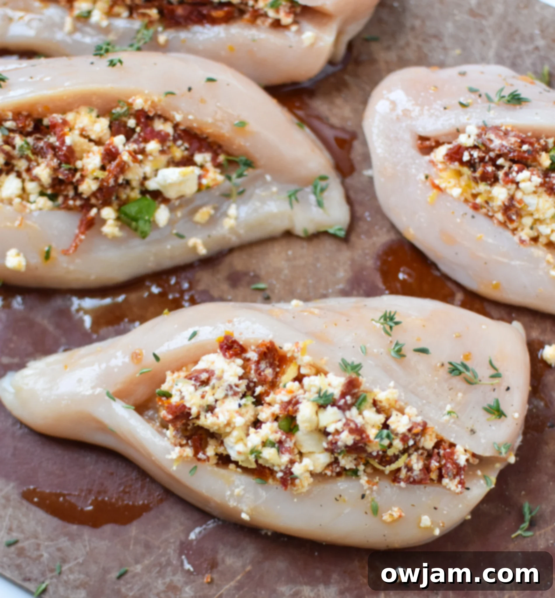 Tangy Sun-dried Tomato and Goat Cheese Stuffed Chicken 5 A chicken breast being cut open on a cutting board to prepare for stuffing.