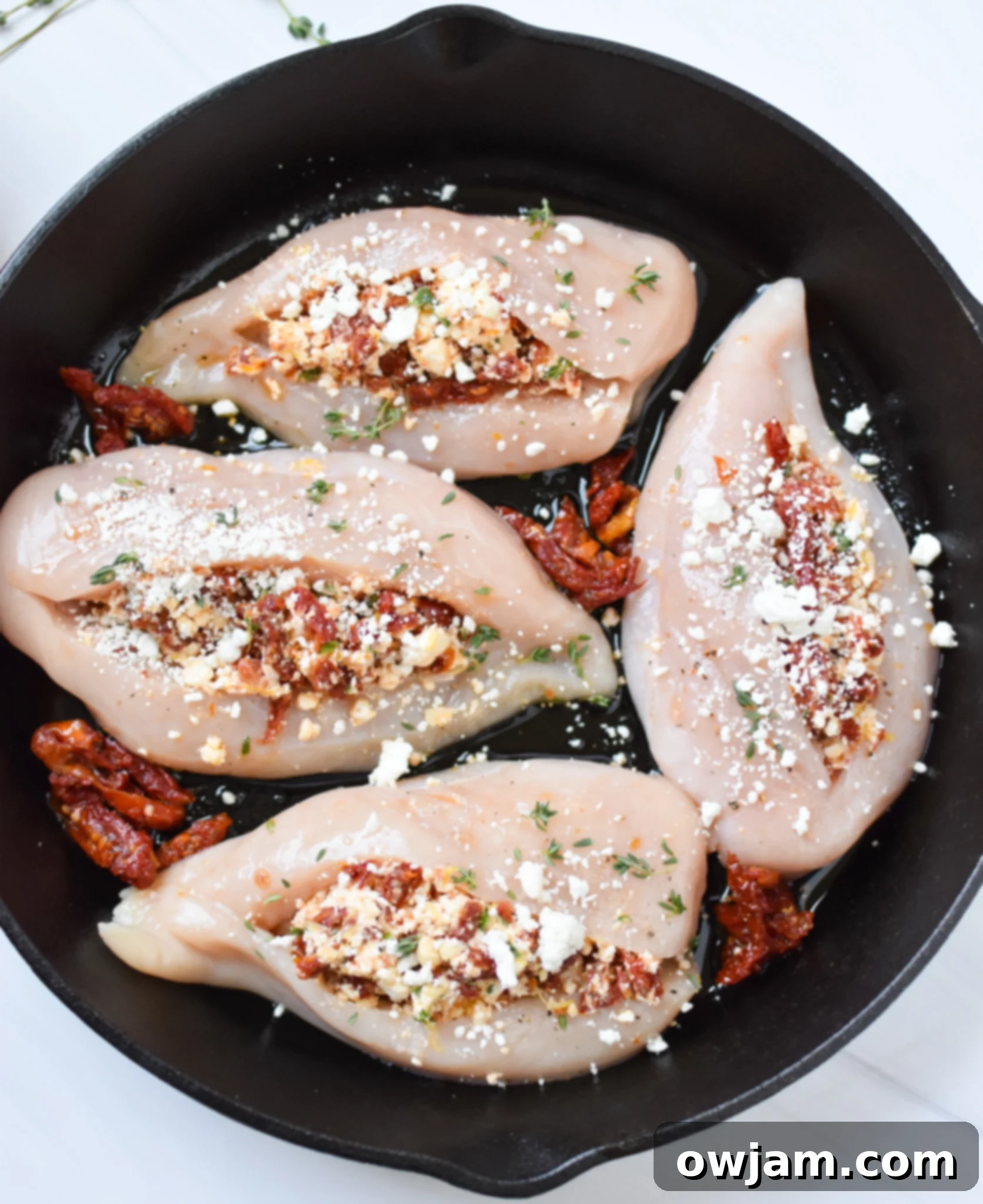 Tangy Sun-dried Tomato and Goat Cheese Stuffed Chicken 6 Stuffed chicken breasts arranged in a skillet, ready for baking.