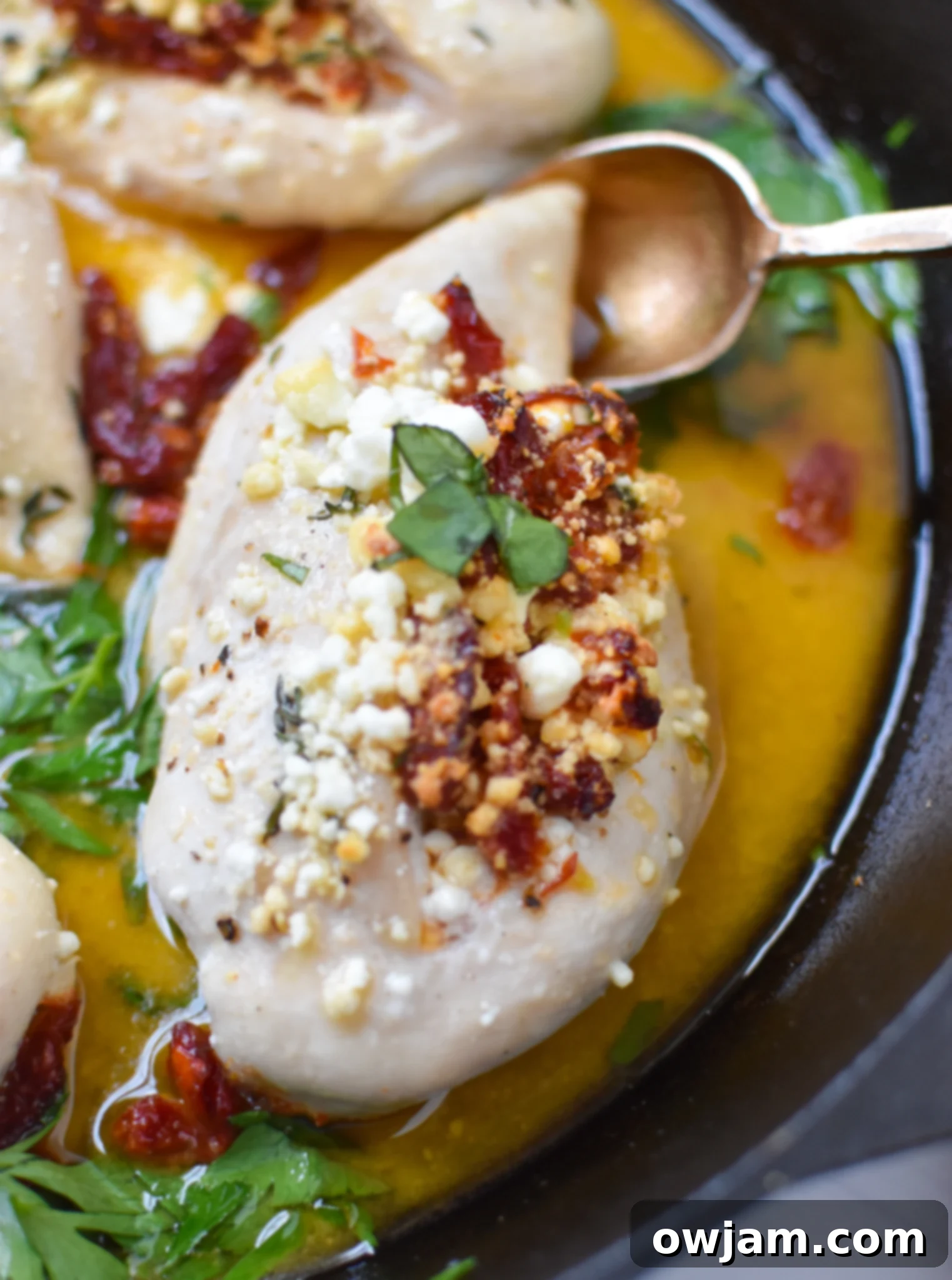 Sun-dried Tomato Goat Cheese Stuffed Chicken Breasts with spoon. 