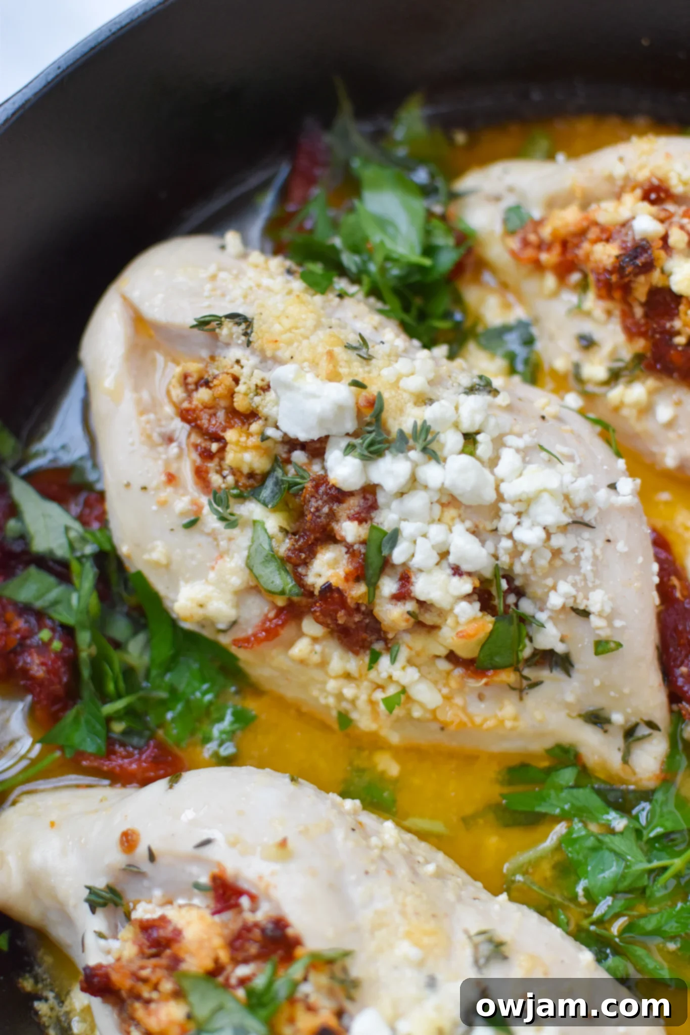 Tangy Sun-dried Tomato and Goat Cheese Stuffed Chicken 9 Sun-dried Tomato Goat Cheese Stuffed Chicken Breasts in an oven-safe skillet.