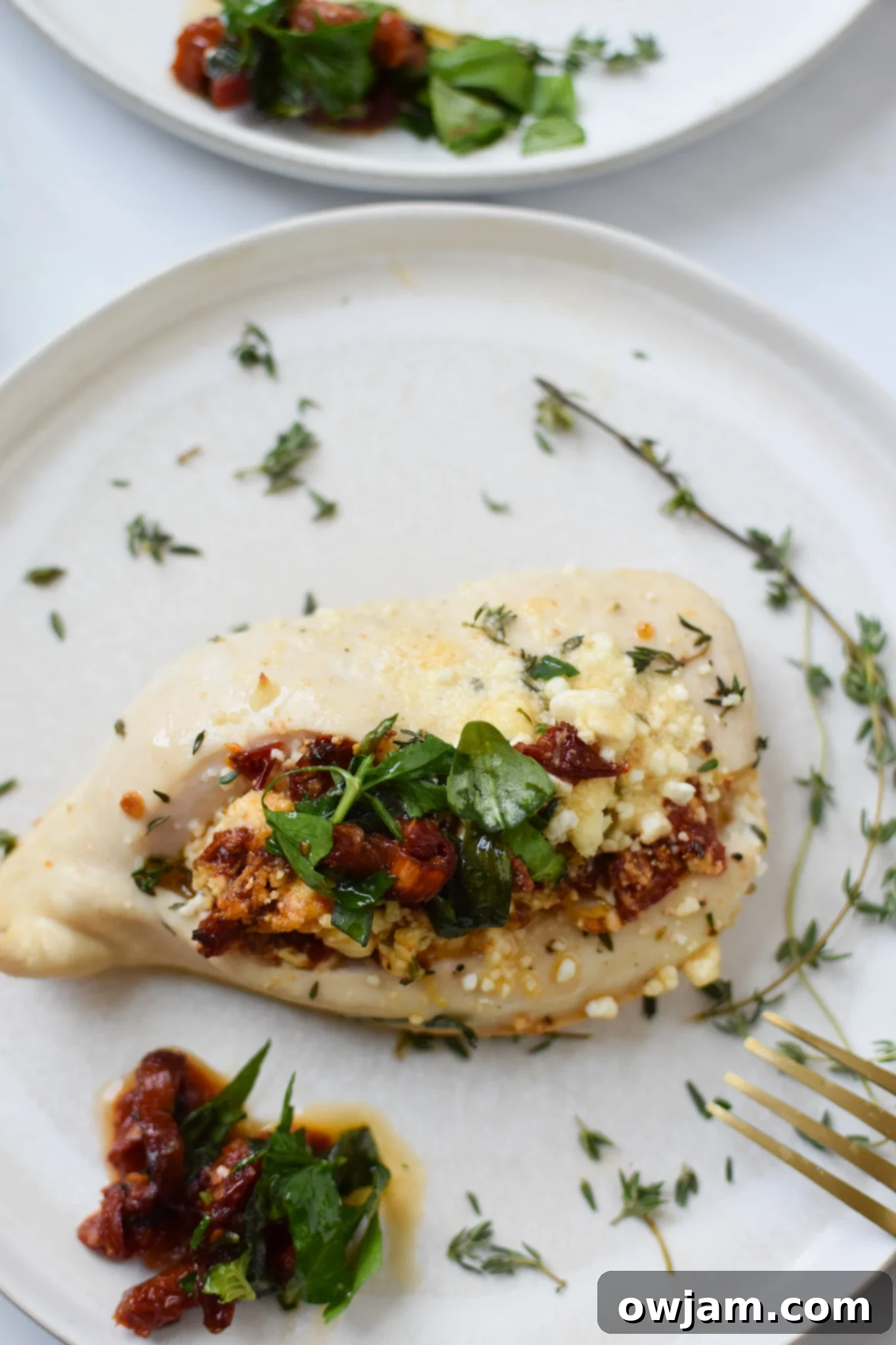 Tangy Sun-dried Tomato and Goat Cheese Stuffed Chicken 10 Another view of Sun-dried Tomato Goat Cheese Stuffed Chicken Breasts garnished with thyme.