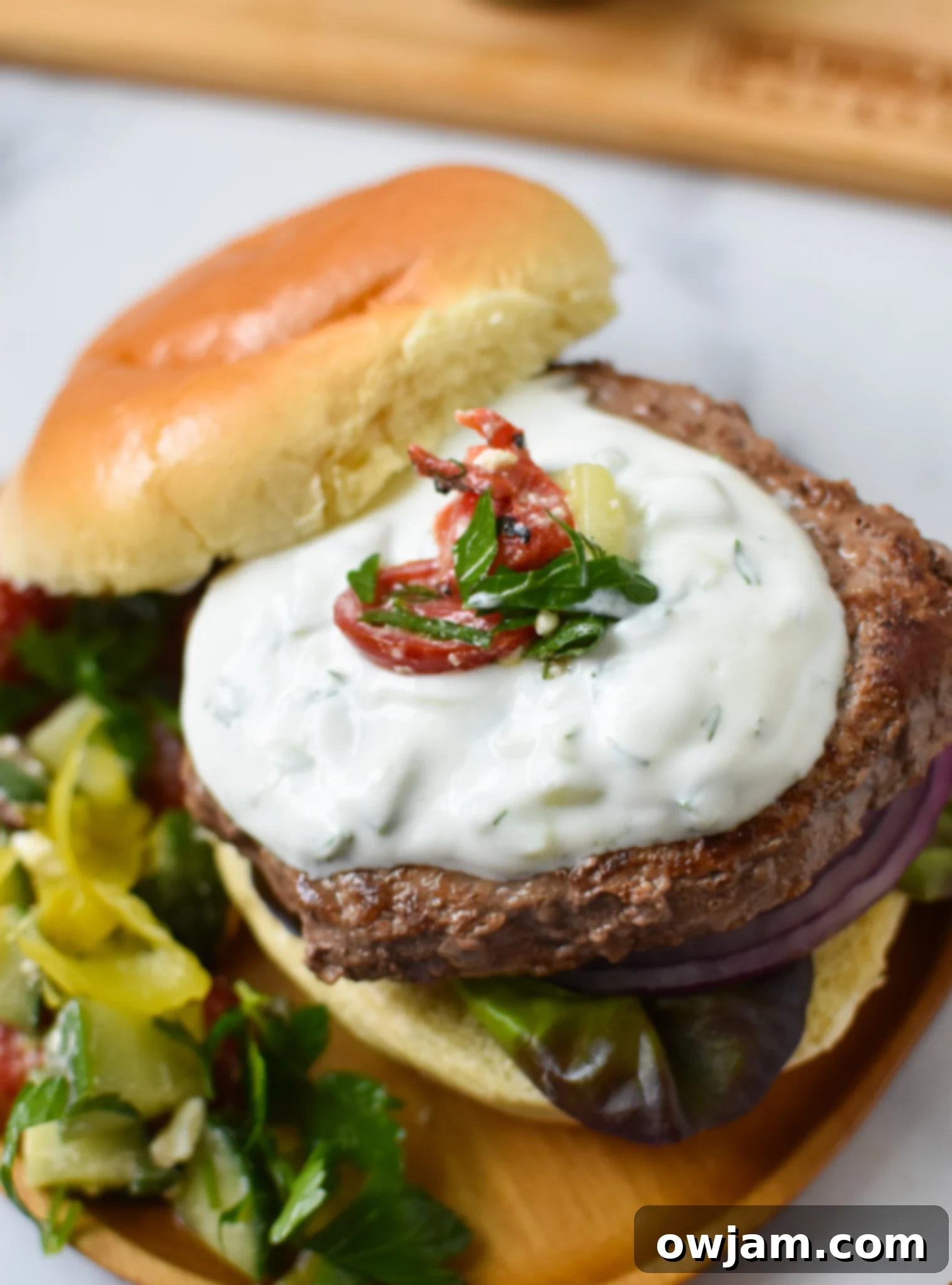 Easy Greek Burger Recipe 2 Easy Greek Burger Recipe with tzatziki.