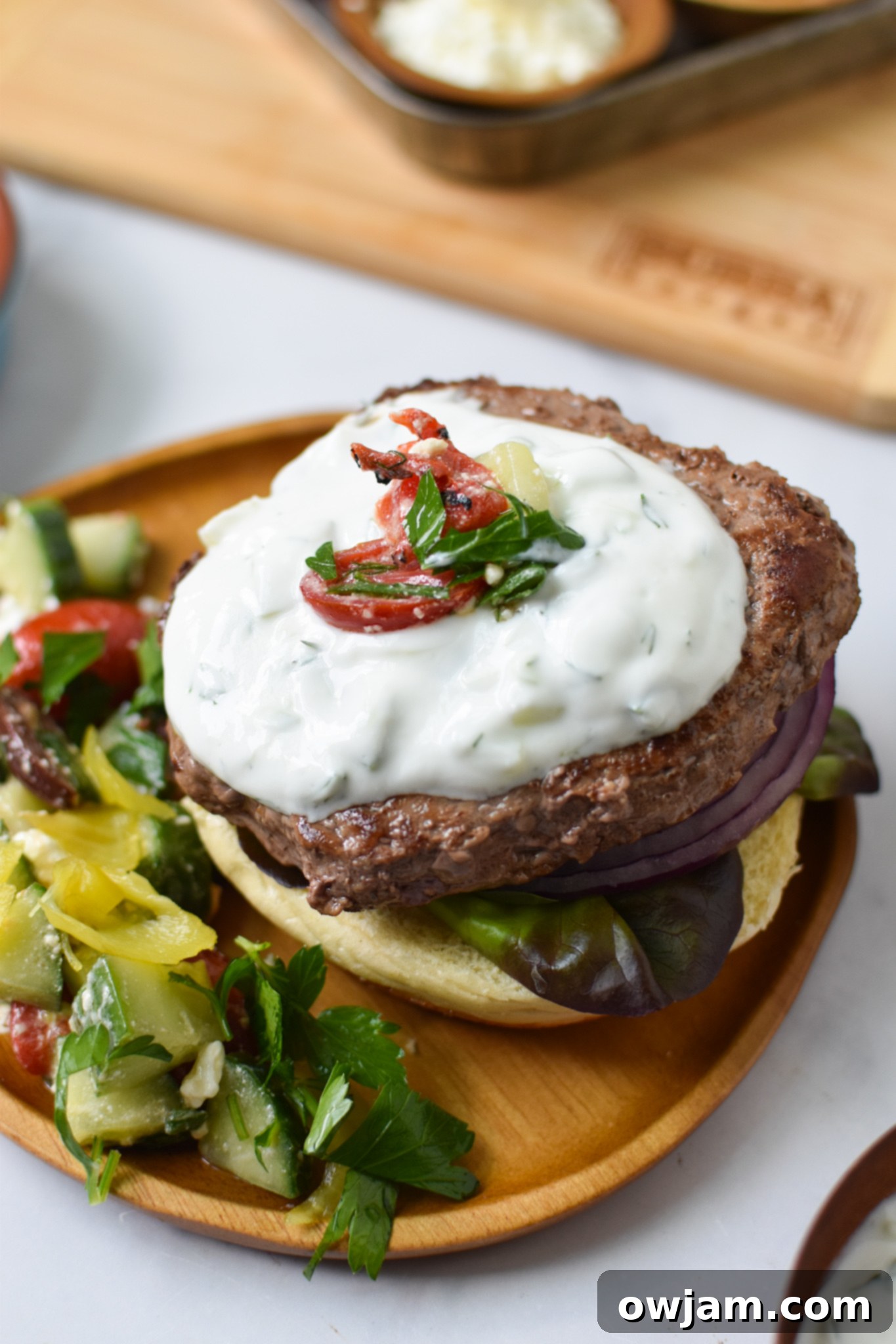 Easy Greek Burger Recipe 4 Easy Greek Burger Recipe with tzatziki.