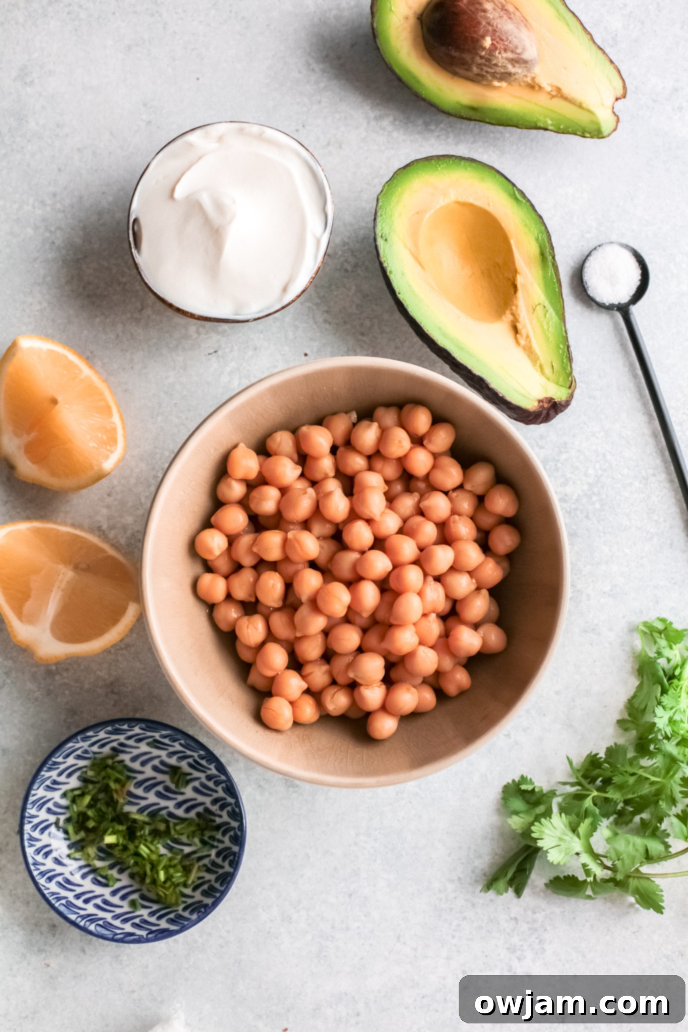 The Perfect Easy Chickpea Salad Sandwich 3 Fresh ingredients for Chickpea Salad Sandwich, including avocado, chickpeas, yogurt, cilantro, and spices.