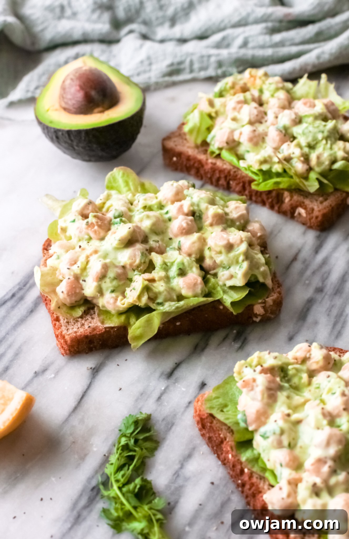 Chickpea Salad Sandwich with avocado on toast.