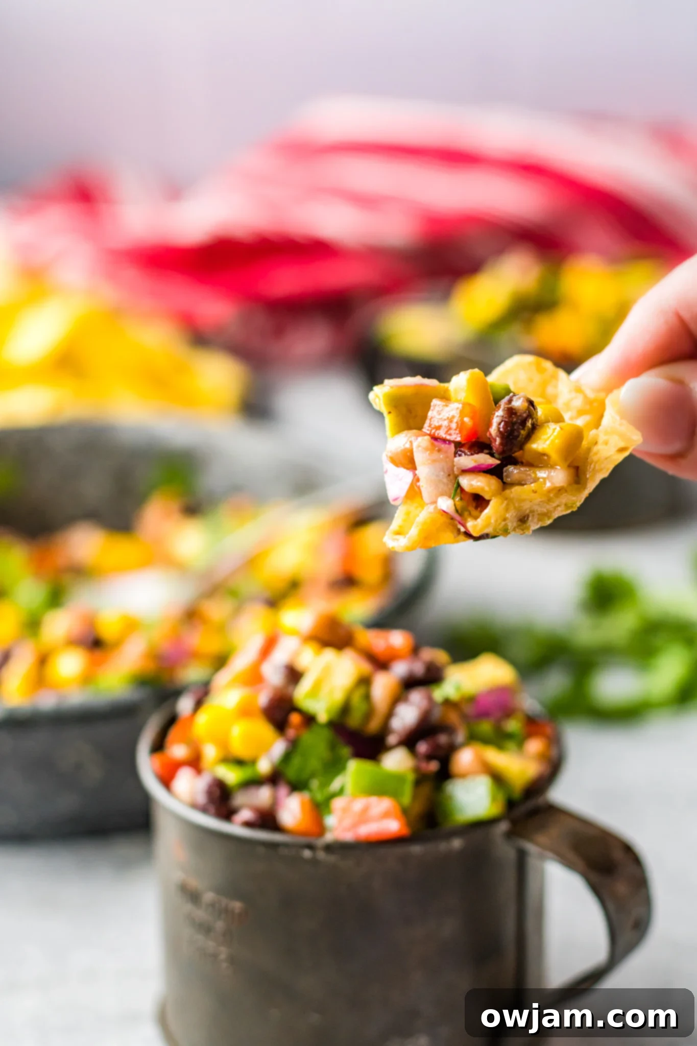 Cowboy Caviar Recipe served with tortilla chips for dipping.