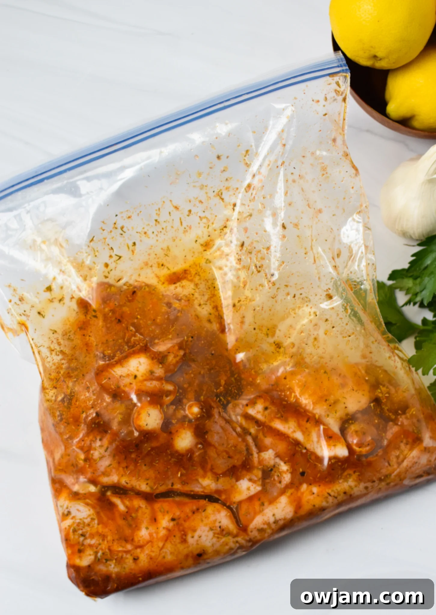 Air Fryer Mediterranean Chicken Thighs marinating in a ziplock bag.