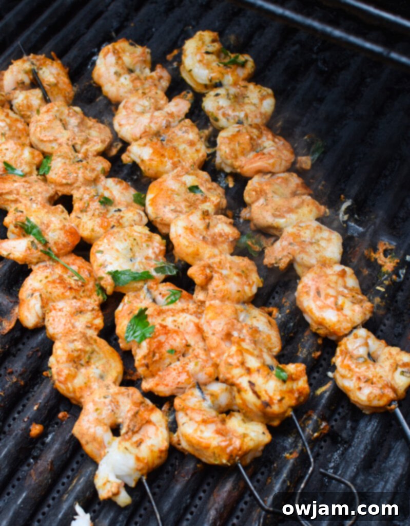 Mediterranean Grilled Shrimp Skewers on the grill.