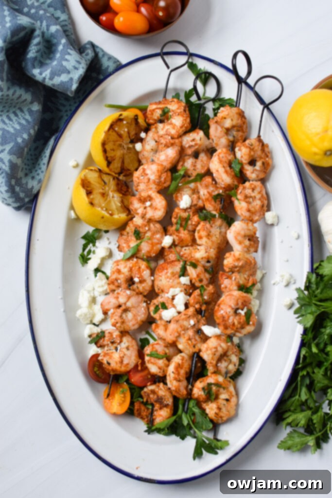 Mediterranean Grilled Shrimp Skewers on white plate 