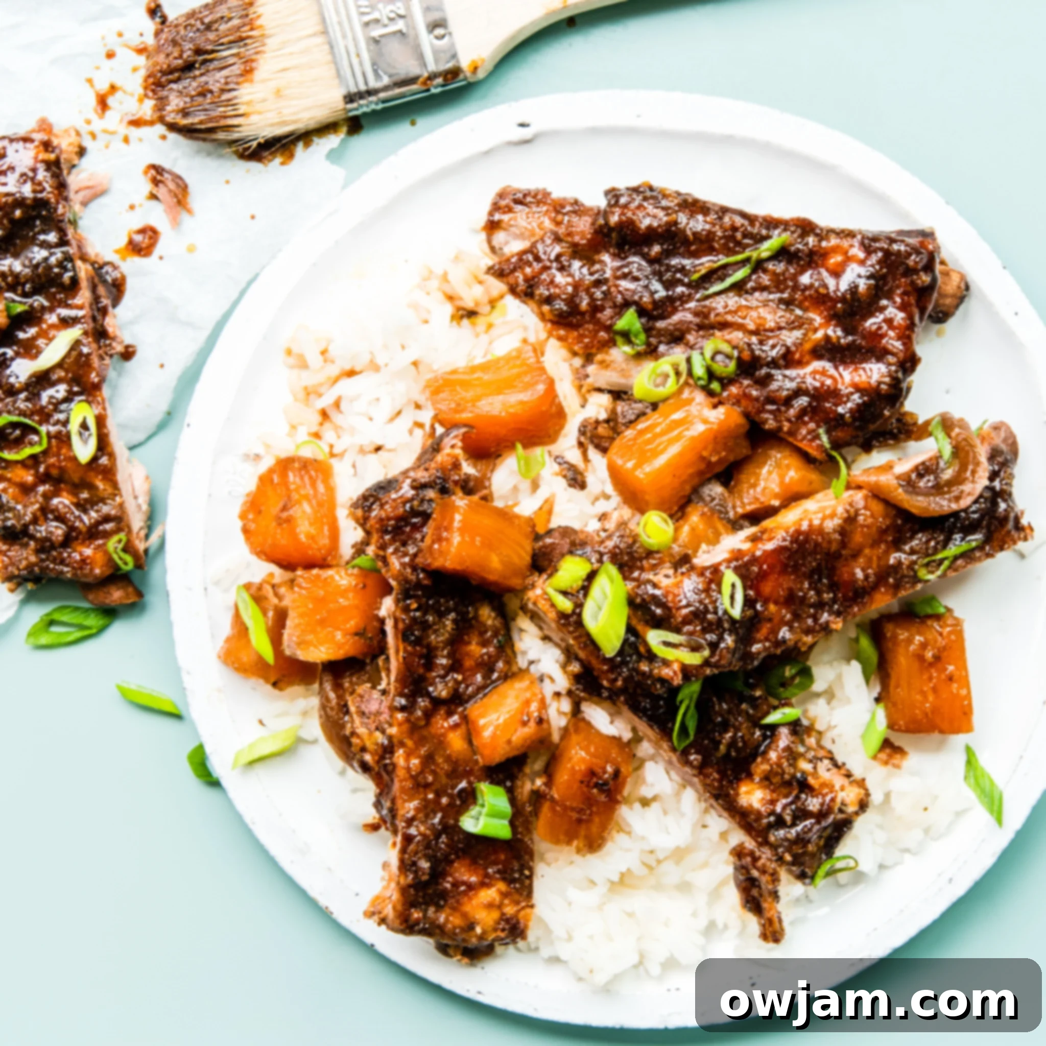 Aloha Slow Cooker Pork Ribs 8 Plated Slow Cooker Hawaiian Pork Ribs garnished with green onions and pineapple.