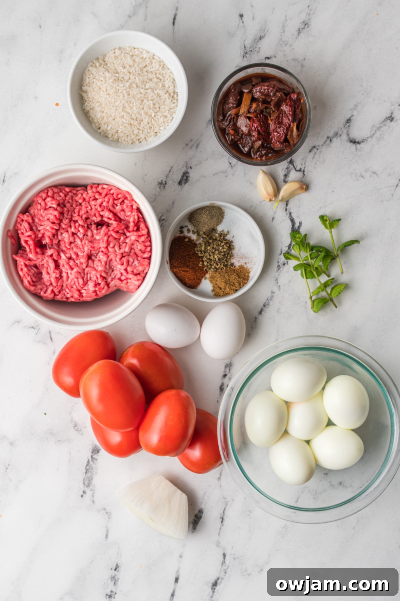 Chipotle Meatballs 3 Assortment of fresh ingredients for Albondigas en Chipotle laid out: ground beef, eggs, rice, tomatoes, chipotle peppers, garlic, and onion.
