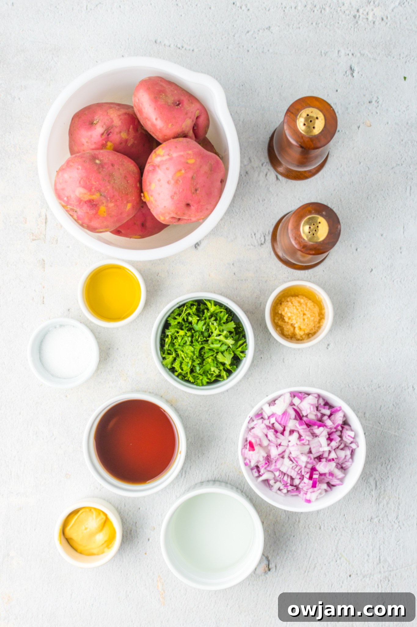 A selection of fresh ingredients for German Potato Salad, including red potatoes, red onion, garlic, parsley, and various dressing components.