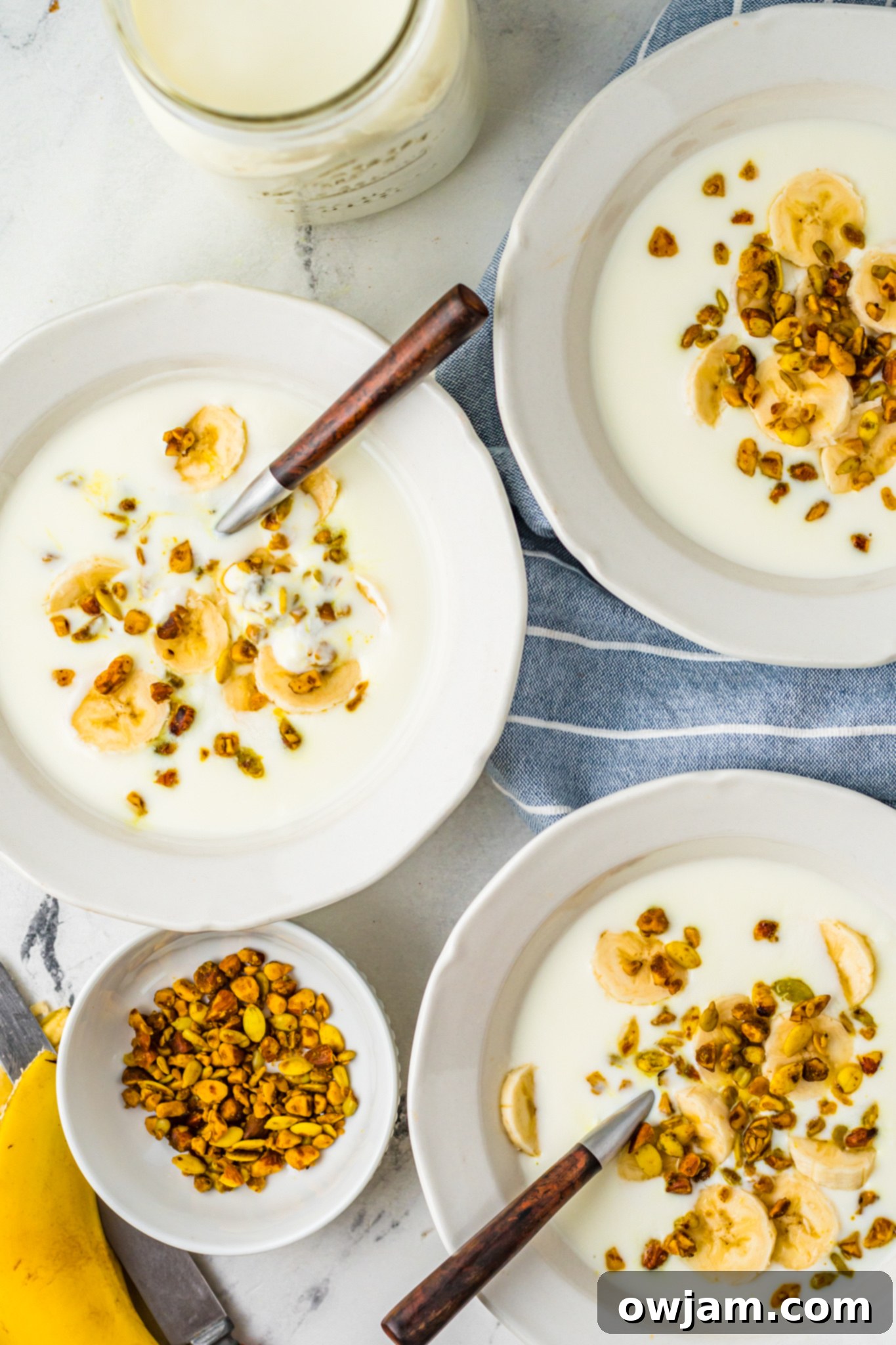 Easy Instant Pot Yogurt 3 Overhead shot of two bowls of Instant Pot yogurt, one topped with granola and fruit, showcasing its versatility.