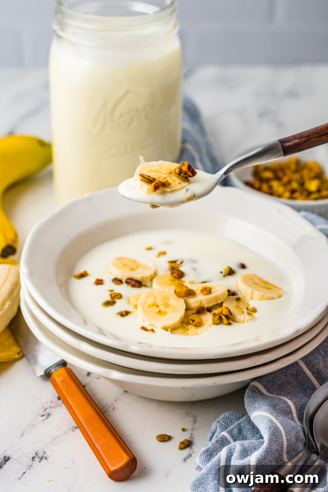 Easy Instant Pot Yogurt 4 A bowl of creamy homemade Instant Pot yogurt with a spoon, highlighting its smooth texture and readiness for serving.
