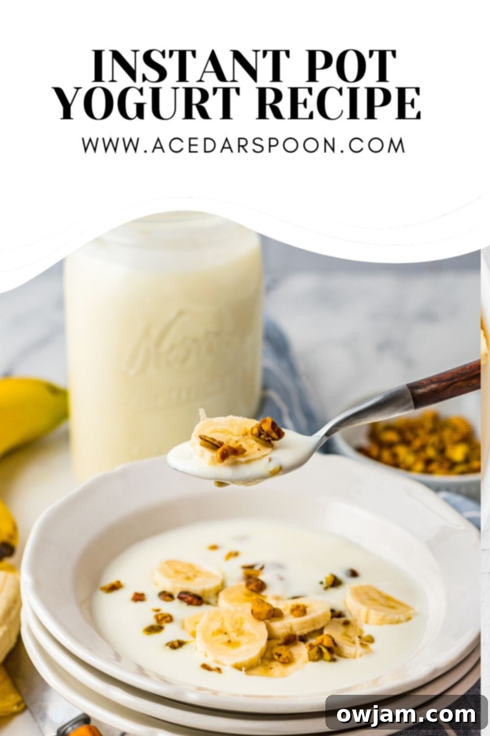 Easy Instant Pot Yogurt 9 A bowl of Instant Pot yogurt with a spoon, generously topped with granola and fruit, ready to be eaten.
