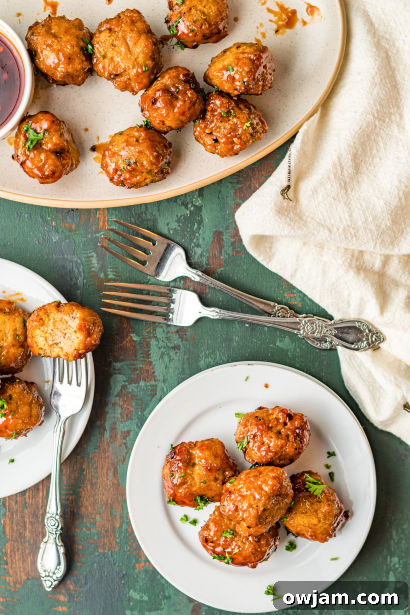 Air Fryer Meatballs with forks.