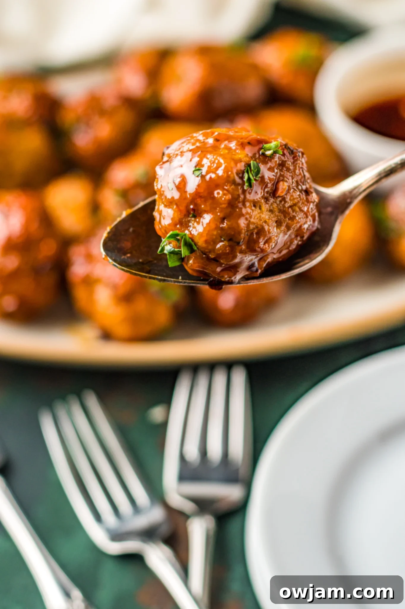 Air Fryer Meatballs on a spoon.