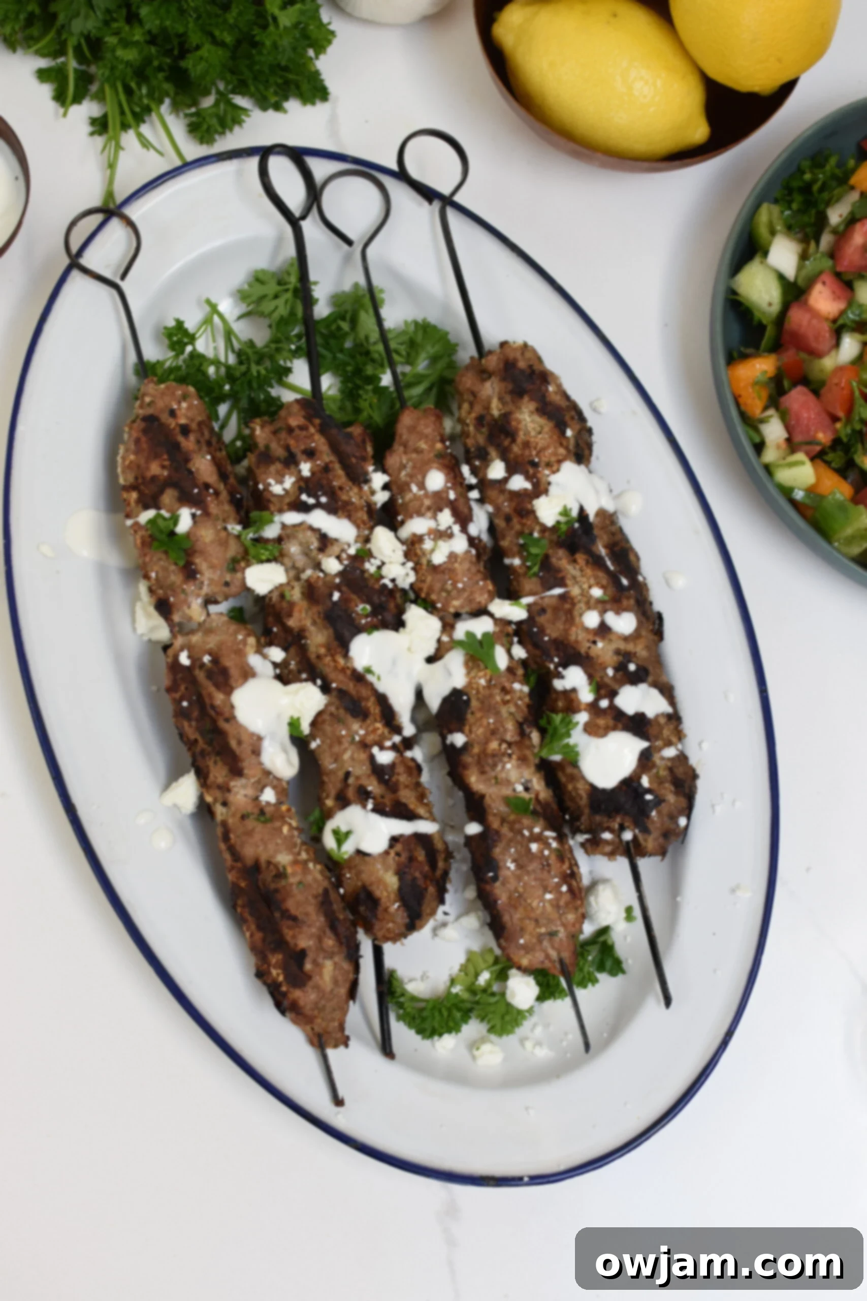 Savory Turkey Kofta Kebab 5 Turkey Kofta Kebab Recipe with a side of creamy yogurt sauce, garnished with fresh herbs.