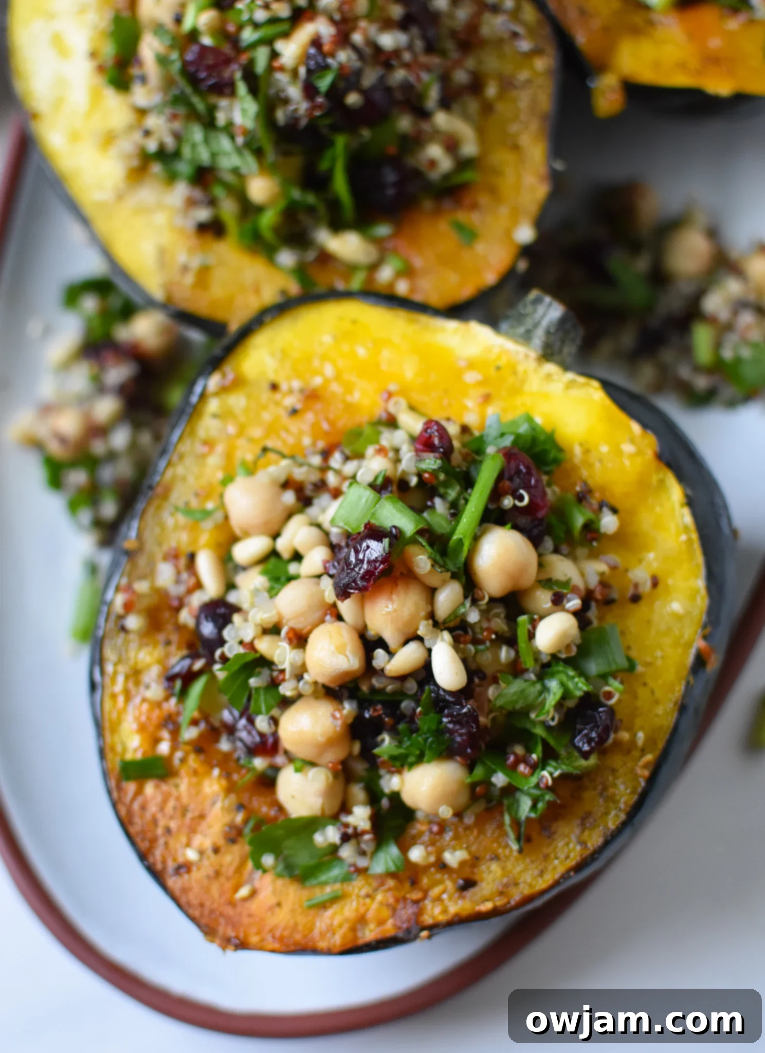 Sun-Drenched Stuffed Acorn Squash 2 Mediterranean Stuffed Acorn Squash with chickpeas and cranberries.