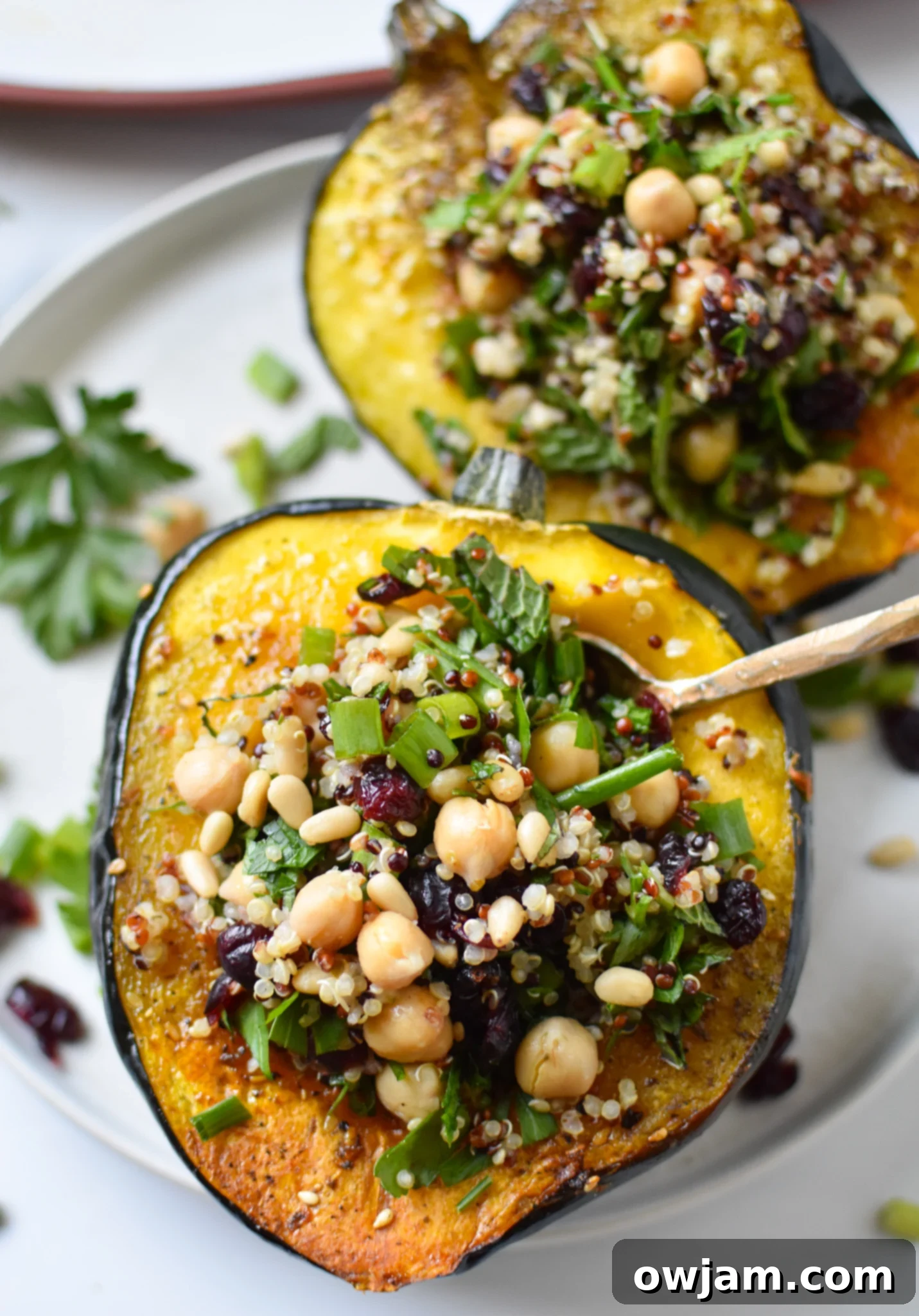 Sun-Drenched Stuffed Acorn Squash 8 Mediterranean Stuffed Acorn Squash with spoon.